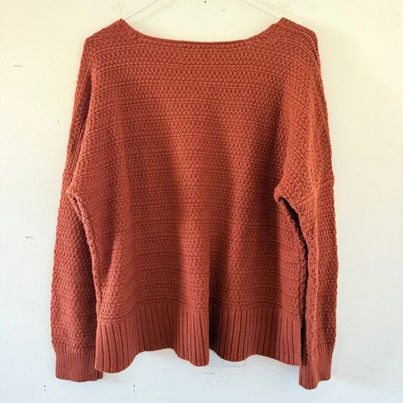 Lucky Brand Textured Knit V-Neck Sweater Rust Terracotta Cotton Blend - Picture 2 of 6